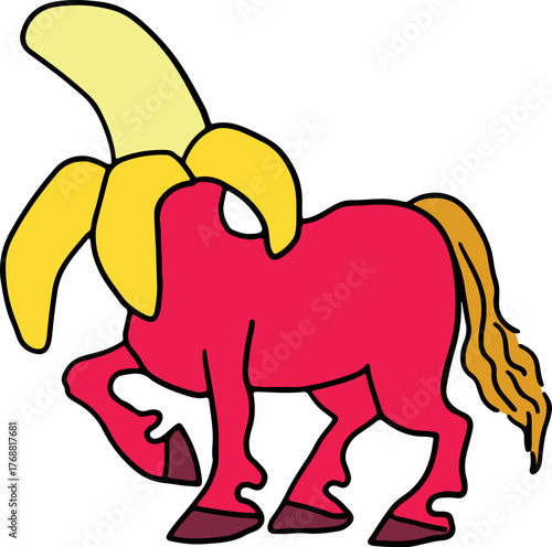 A funny pink mutant horse with a yellow banana head. Drawn with black curved lines in grunge style
