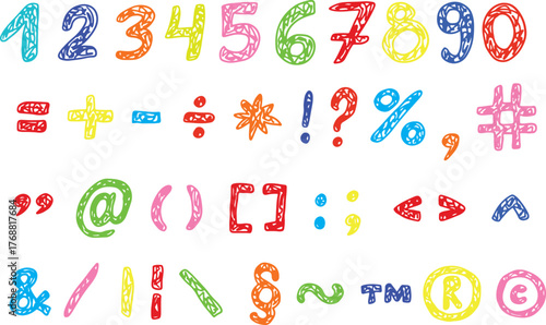 Colorful numbers, mathematical signs and symbols, brush drawing, children's doodles, grunge style