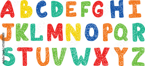 Playful children's font with hand-drawn doodles, featuring cute, handwritten alphabet and colorful brush-painted numbers. Perfect for school projects, nursery decor, and kids' designs.