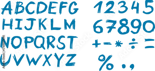 Grunge-style alphabet with blue uppercase letters, numbers, and math symbols. Textured vector font featuring hand-drawn symbols with a rough ink look.