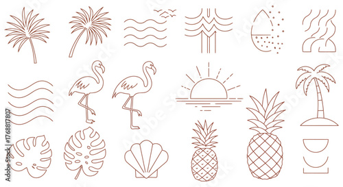tropical line art icons beach vacation elements for summer designs perfect for travel blogs offering visual appeal and conveying a sense of relaxation