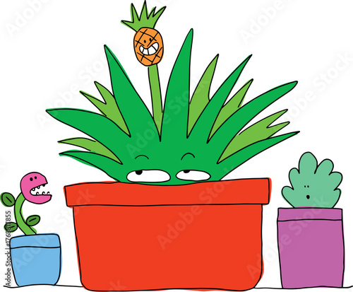 Growing pineapple greenery with cunning eyes in a flower pot among plants. Drawn with black curved lines in grunge style