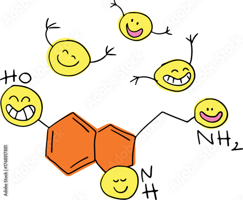 Dopamine formula with funny yellow smiling happy faces emoji. Drawn with black curved lines in grunge style