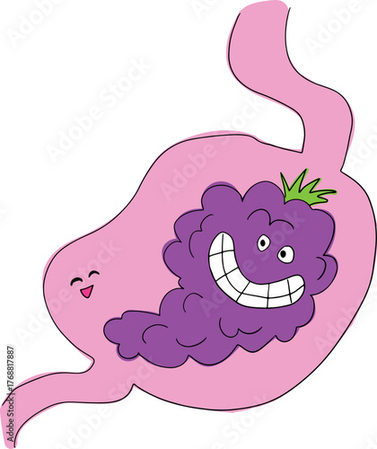 Funny purple smiling grapes are digested in the human stomach. Drawn with black curved lines in grunge style