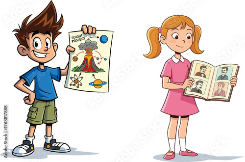 Cartoon children with science project and photo album, educational presentation, student creativity, childhood learning, vector illustration, school theme, academic showcase