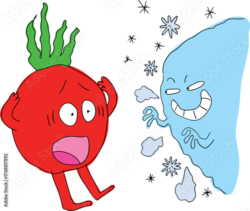 Canvastavla A scared red tomato holds its head when it sees the cold with a grinning face