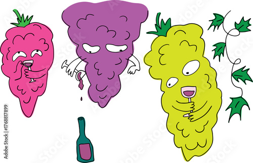 Funny multi-colored grapes with eyes hang and drink wine from glasses, next to a wine bottle. Drawn with black curved lines in grunge style