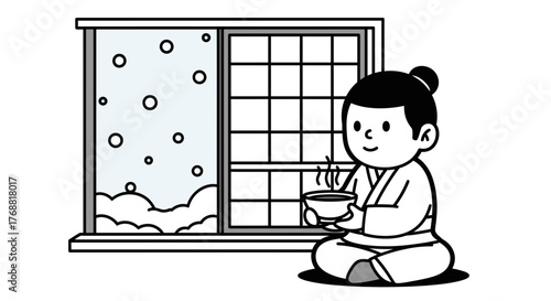 Boy Sipping Warm Drink by Window on Snowy Morning Illustration