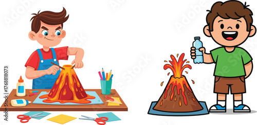 Cartoon kids doing volcano experiment, science activity, classroom creativity, erupting model, STEM education, hands-on learning, vector illustration, school project, discovery moment