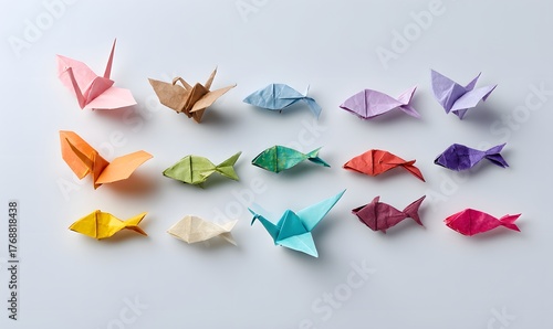 Fototapeta Naklejka Na Ścianę i Meble -  set of multiple origami animals (crane, frog, fish) made from colorful paper