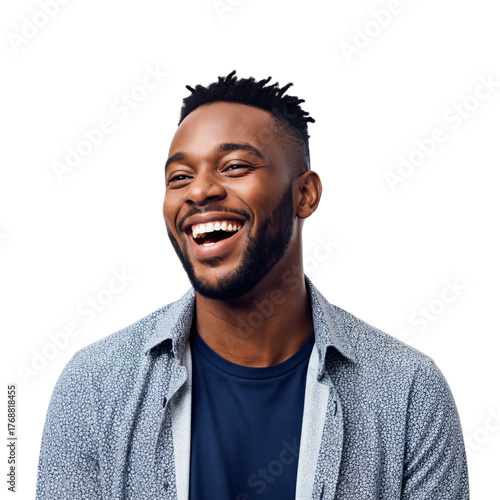 Joyful young Black man with a beard laughing heartily in a studio shot, expressing happiness and positive emotion on a transparent background.