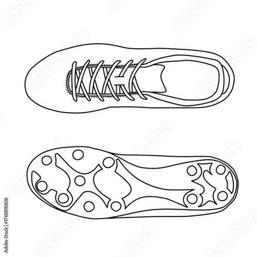 Detailed outline illustration of soccer cleats showing the top view with laces and the bottom view with studs.