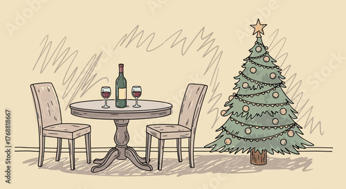 Festive christmas eve dinner arrangement with bottle of wine and decorated tree celebration