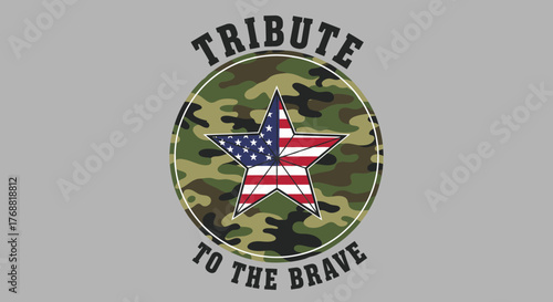 A stylized tribute design featuring American flag star within a camouflage circle