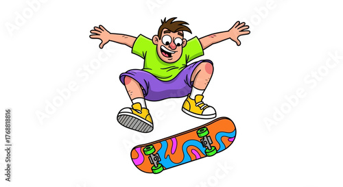 Cartoon illustration of a skateboarder performing a trick with arms outstretched  and joyful