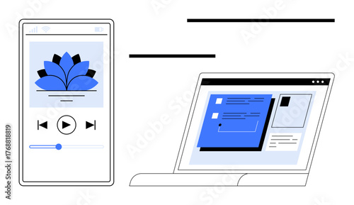 Smartphone showing music player with play controls and blue lotus icon next to laptop featuring workspace interface. Ideal for multitasking, tech integration, productivity, user experience, digital