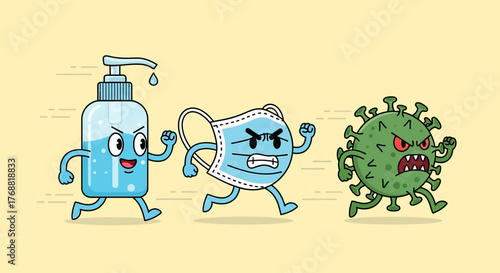 Cartoon depiction of hand sanitizer and mask chasing a virus illustrating protection measures