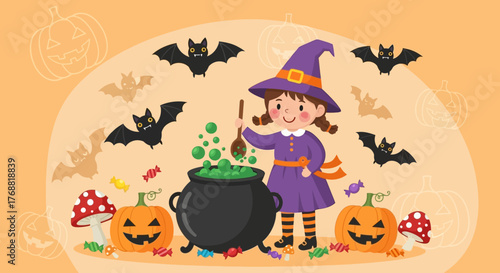 Charming cartoon illustration of a young witch conjuring a Halloween potion with bats around
