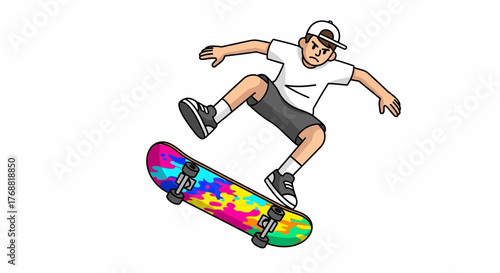 Dynamic skateboarding illustration showing a young skater executing an ollie trick mid-air with
