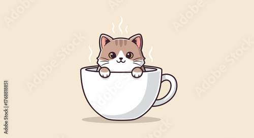 Adorable feline nestled in a steaming mug creating a whimsical cozy aesthetic illustration