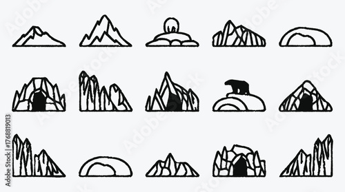 Collection of minimalist mountain and cave illustrations in black and white style