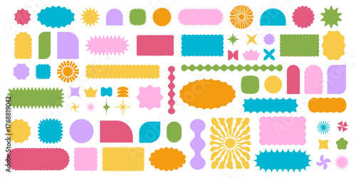 Set of colored geometric forms with wavy edges. Cute basic shapes with scalloped borders. Empty text box, sticker, tag or label templates isolated on white background. Vector flat illustration.