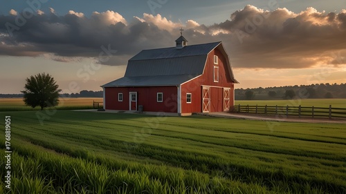 Modern farmhouse with a red barn and open fields 