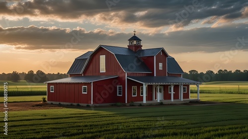 Modern farmhouse with a red barn and open fields 