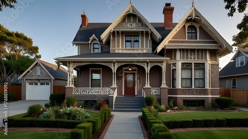 Victorian-style house with ornate details and a manicured front yard