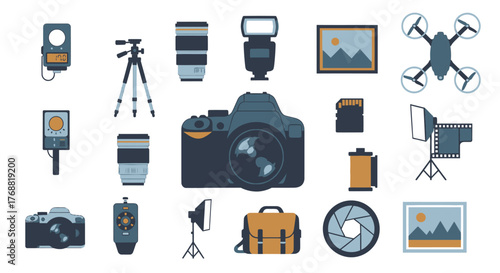 Collection of photography equipment, including cameras, lenses, and accessories, arranged flat against white
