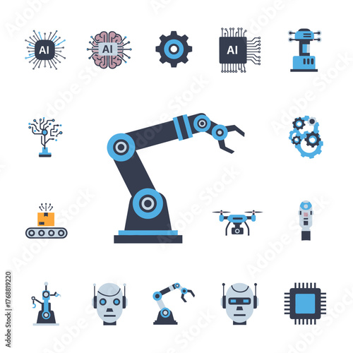 Flat vector illustration of robotics and AI, with robot arm, drone, processors, and robot heads