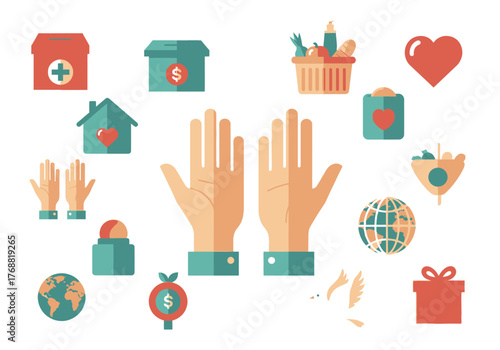 Graphic with various elements like hands, heart, donation box, earth, baskets. Charity illustration