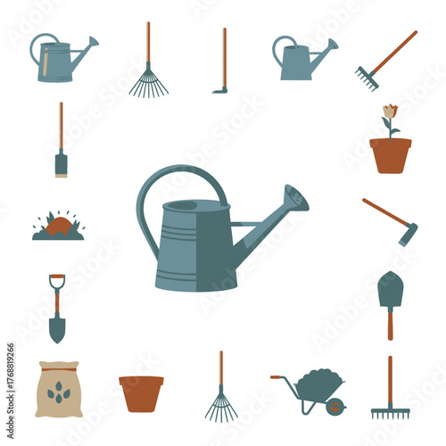 A flat design vector illustration of a collection of gardening tools, surrounding a central watering can