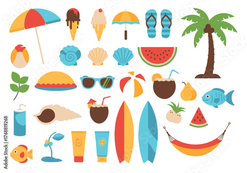 A vibrant, flat-style illustration featuring summer objects like food, accessories, and beach elements