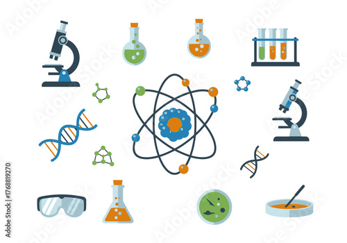 A collection of various scientific and laboratory equipment illustrations arranged on a white backdrop