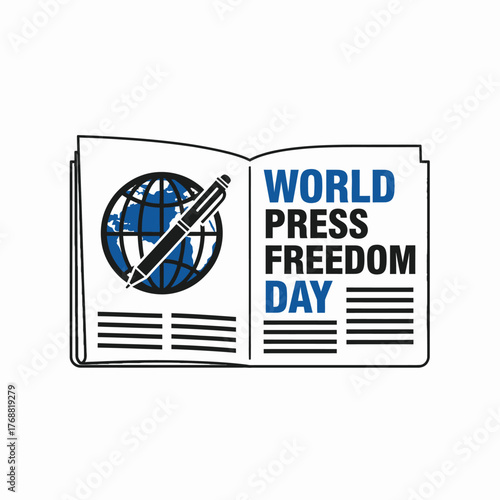 An open book graphic with a globe, pen and the words "World Press Freedom Day