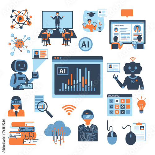 An illustration showing Artificial Intelligence concepts, education, networks, data, and technology elements