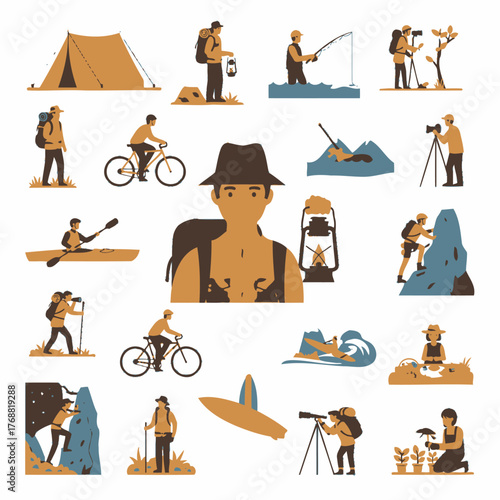 Stylized illustrations of outdoor activities, including camping, fishing, photography, and surfing