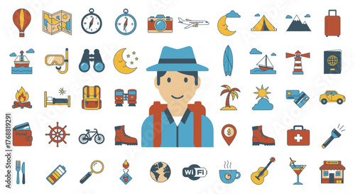 Colorful flat illustration featuring travel icons with a central adventurer figure