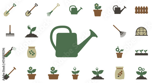 A collection of gardening elements, including tools, plants, and other related items