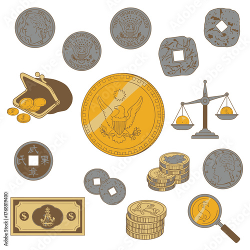 A collection of various coins, a wallet with money, a bill, and a scale, all with money symbols