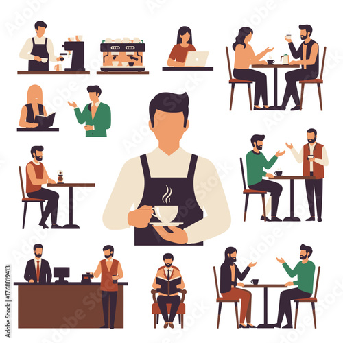 Illustration of people in a coffee shop, including a barista, customers, and coffee machines