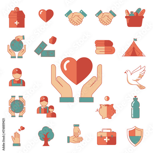 Collection of various charity and care icons, including helping hands, hearts, money, shelter, and medical items