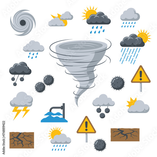 Colorful vector illustration showing various weather icons, representing weather conditions and hazards
