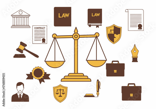 A collection of legal and justice symbols arranged on a plain white background