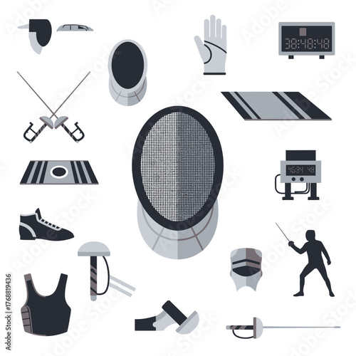 Vector illustration of various elements used in the sport of fencing, arranged around a central mask