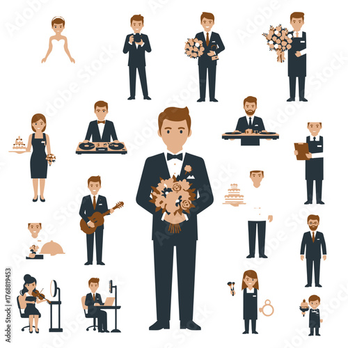 Flat vector illustrations depicting various wedding characters, from the bride to the musicians