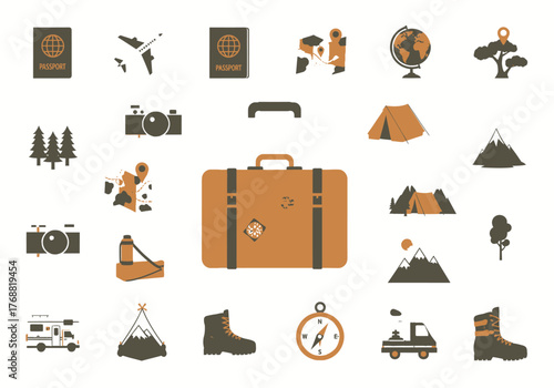 Collection of travel icons in brown and olive green, including luggage, passport, and outdoor gear