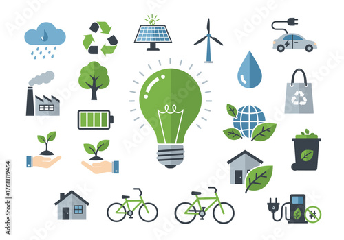 Collection of various environmental and sustainability icons, including a large green lightbulb