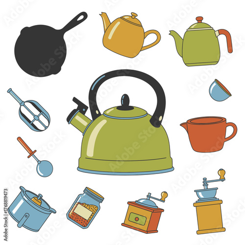 A collection of various kitchen items, including teapots, a skillet, a jar, a grinder, and a kettle